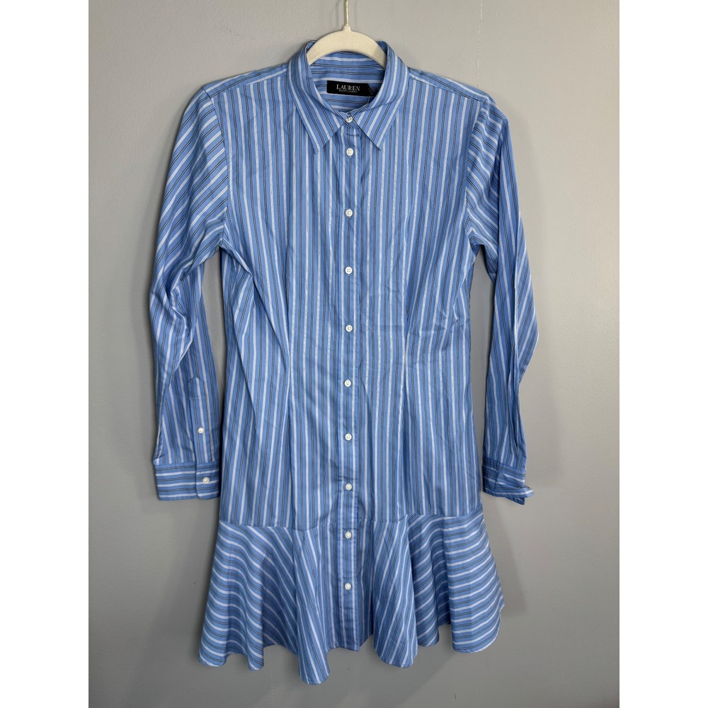 Lauren Ralph Lauren Blue Stripe Button Down Shirtdress Ruffle Hem‎ Size 4